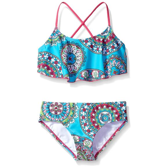 Kanu Surf Girls Alania Flounce Bikini Beach Sport 2 Piece Swimsuit Aqua Size 10 - Picture 1 of 1